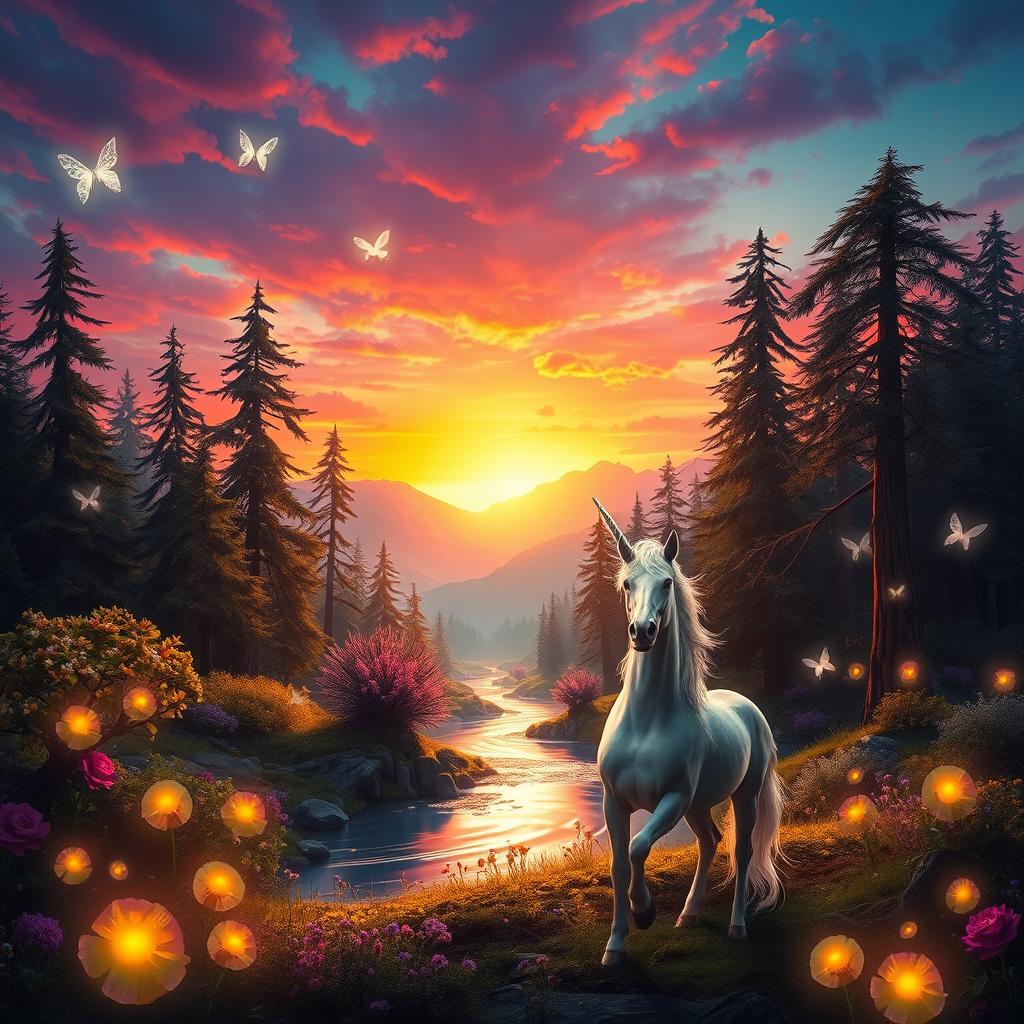 A stunning fantasy landscape featuring a vibrant sunset over a mystical forest with towering ancient trees, glowing flowers, and a tranquil river reflecting the colors of the sky