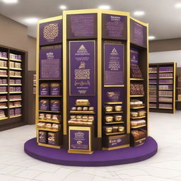 An unconventional, mazy point of sale display unit for chocolate in a supermarket, rendered in a luxurious Islamic-Arabic style for Ramadan. It showcases a 4-directional view, lanterns, Islamic geometric shapes, and features a primary color scheme of purple and gold.