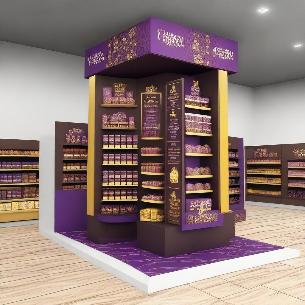 An unconventional, mazy point of sale display unit for chocolate in a supermarket, rendered in a luxurious Islamic-Arabic style for Ramadan. It showcases a 4-directional view, lanterns, Islamic geometric shapes, and features a primary color scheme of purple and gold.