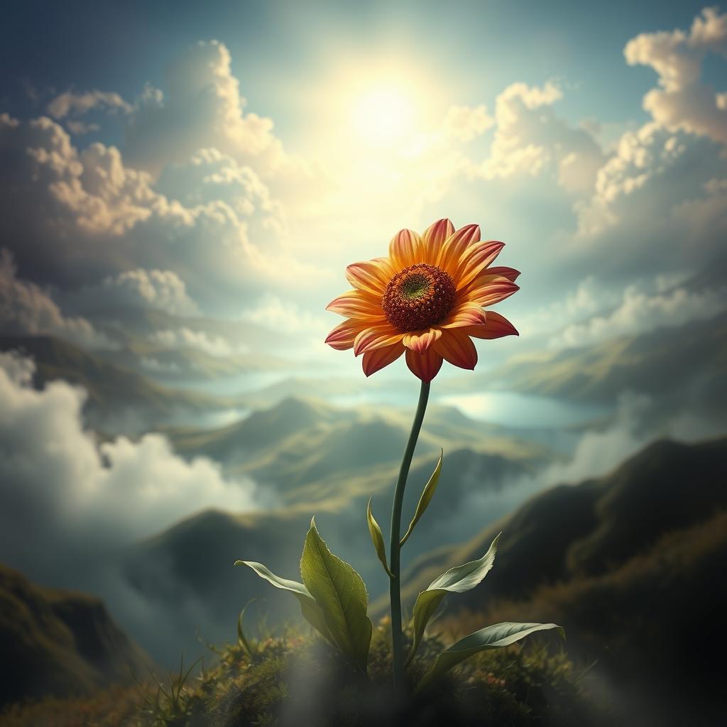 An enchanting scene featuring an ancient flower, rich in vibrant colors and intricate details, standing proudly amidst a dreamlike world