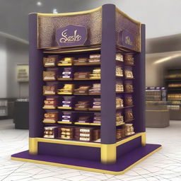 An unconventional, mazy point of sale display unit for chocolate in a supermarket, rendered in a luxurious Islamic-Arabic style for Ramadan. It showcases a 4-directional view, lanterns, Islamic geometric shapes, and features a primary color scheme of purple and gold.