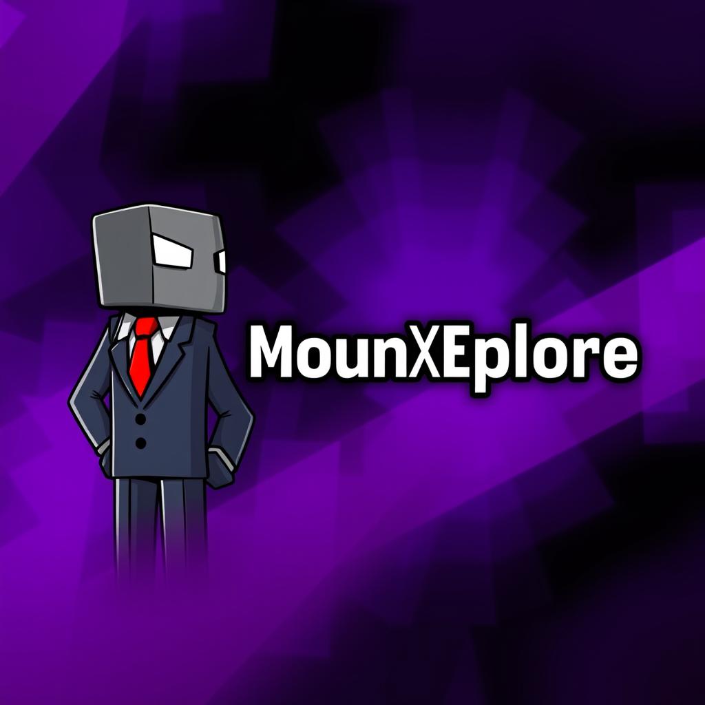 A YouTube banner designed at 2560 x 1440 pixels, featuring a stylized Enderman character wearing a formal suit and red tie, positioned on one side