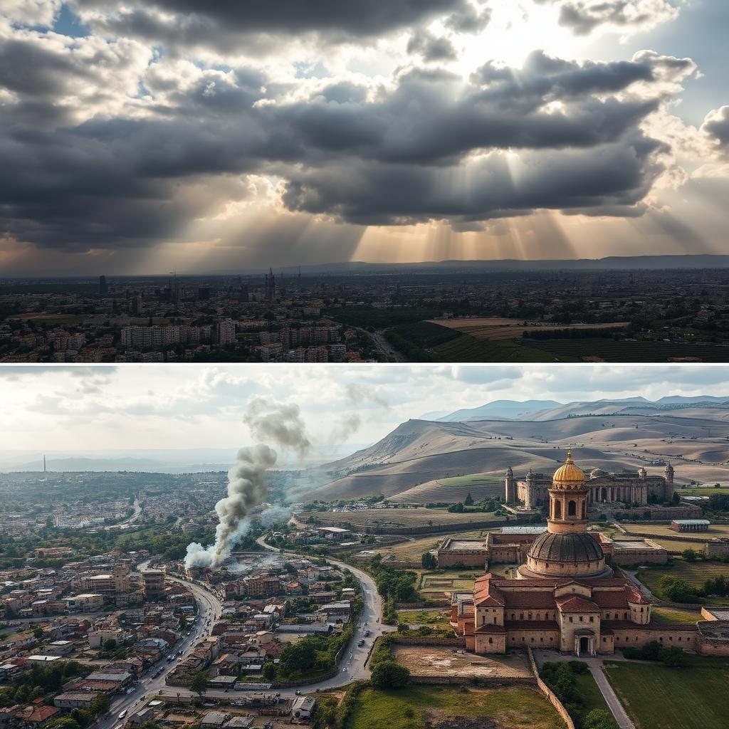 Aerial view of two different conflict zones: on one side, the Palestinian landscape with urban areas and ancient architecture under a cloudy sky, smoke rising from buildings indicating conflict