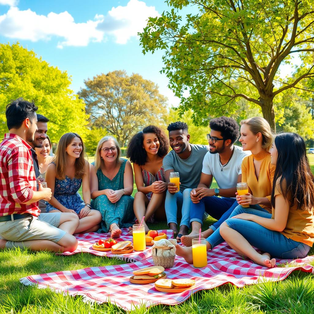 A friendly and engaging scene depicting a group of diverse people gathered in a sunny park, enjoying a picnic together