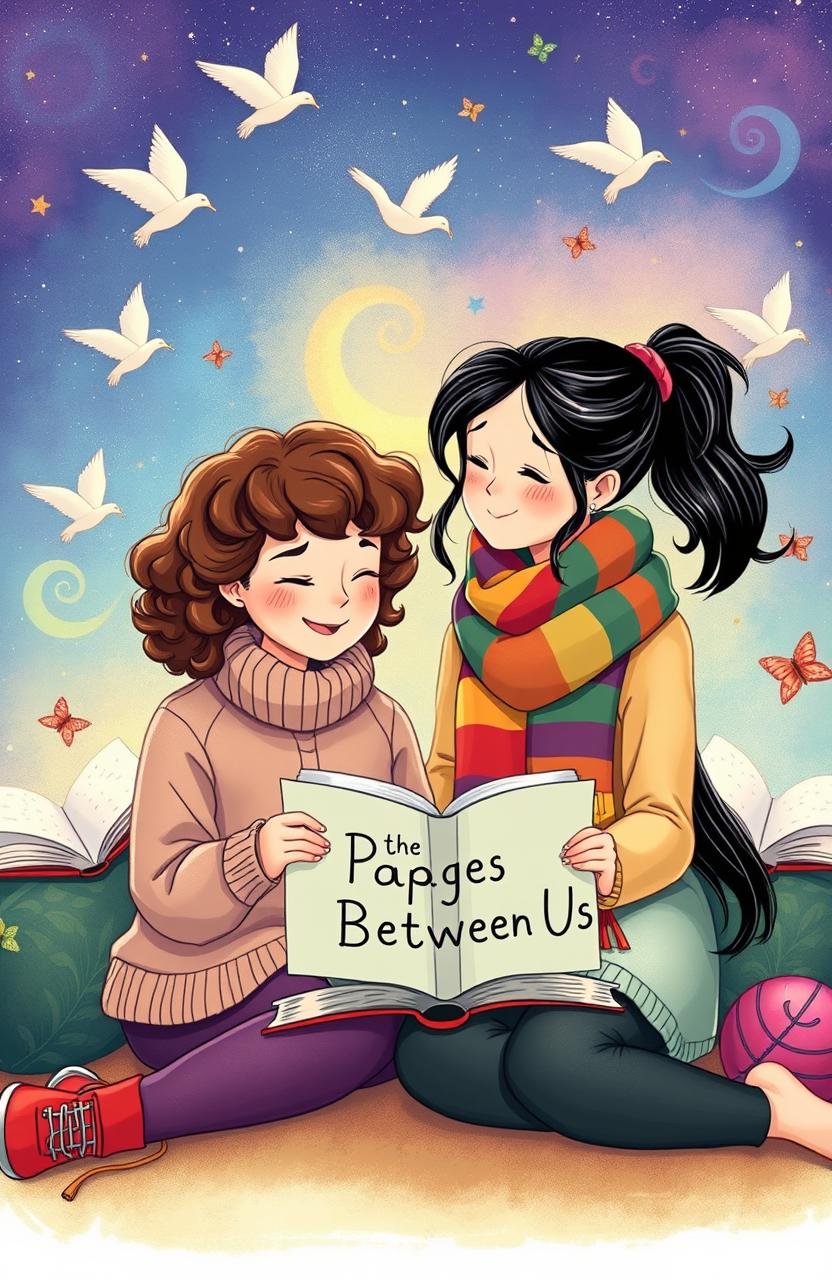 Illustration of two best friends sitting together, surrounded by a whimsical and imaginative landscape that symbolizes their strong bond