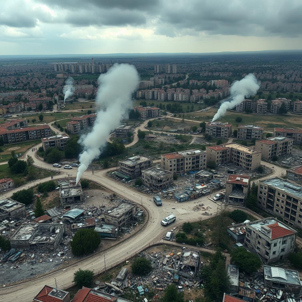 A dramatic aerial view depicting the aftermath of war in both Palestine and Ukraine, showcasing ruined buildings, smoke rising from the wreckage, and a somber atmosphere