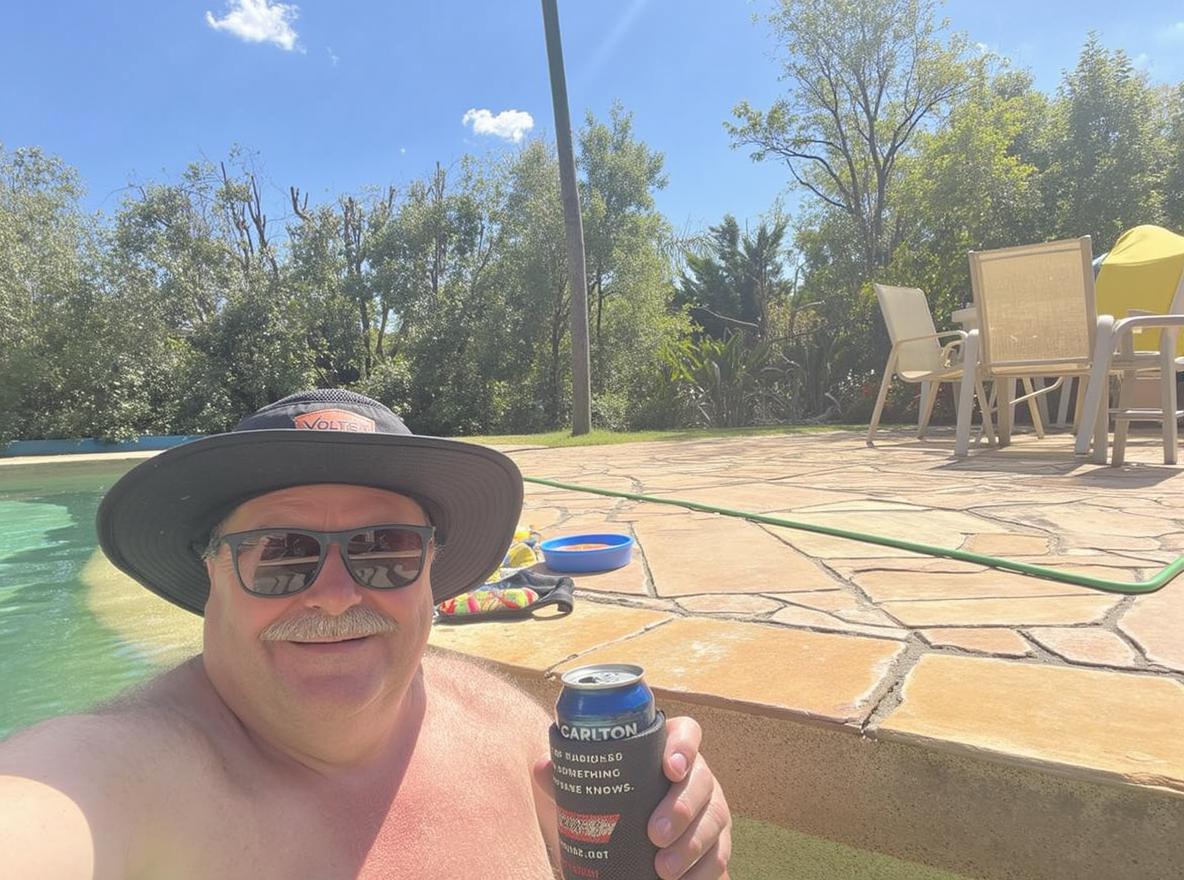 A vibrant tropical poolside scene with a sunbather relaxing in the water, wearing a wide-brimmed hat and holding a chilled beverage can
