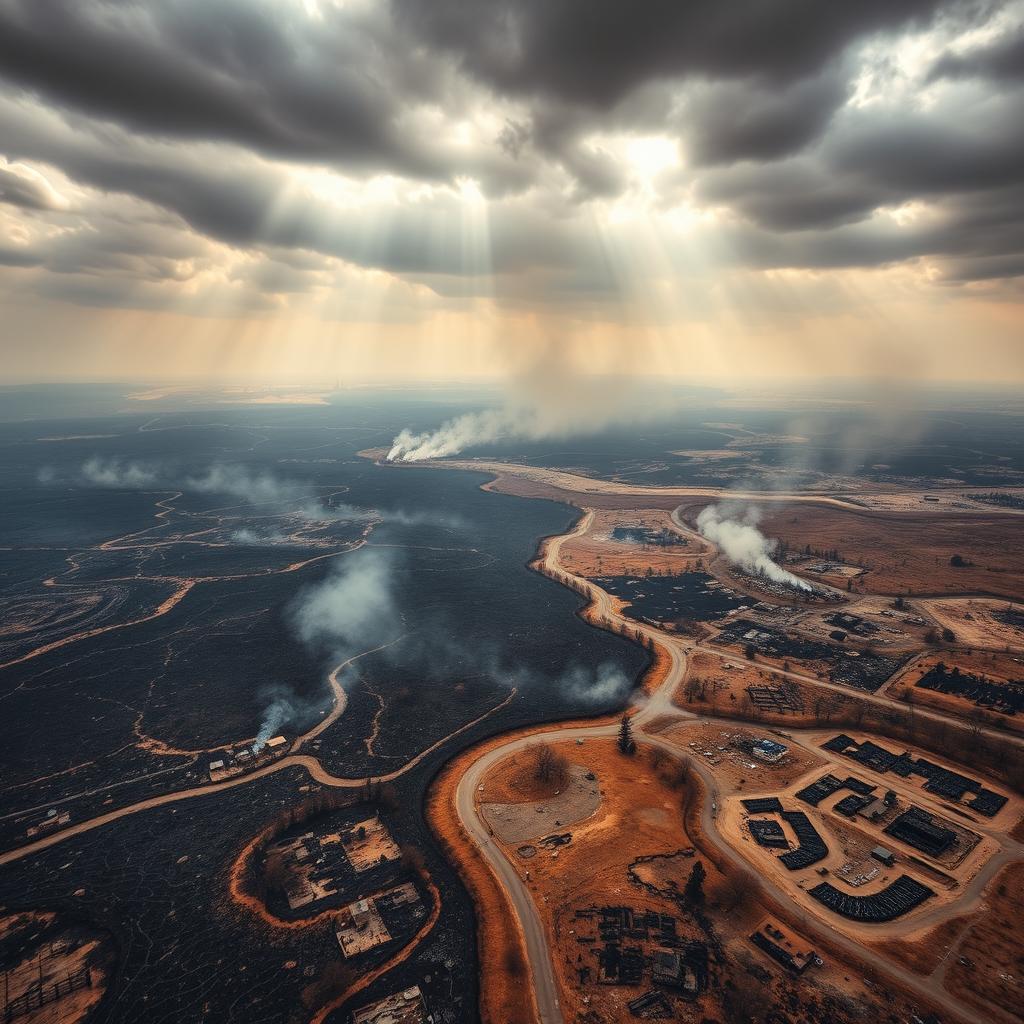 A dramatic aerial view showcasing the stark contrast of burned lands in both Palestine and Ukraine, highlighting the devastation from conflict
