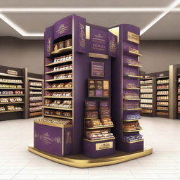 An unconventional, mazy point of sale display unit for chocolate in a supermarket, rendered in a luxurious Islamic-Arabic style for Ramadan. It showcases a 4-directional view, lanterns, Islamic geometric shapes, and features a primary color scheme of purple and gold.