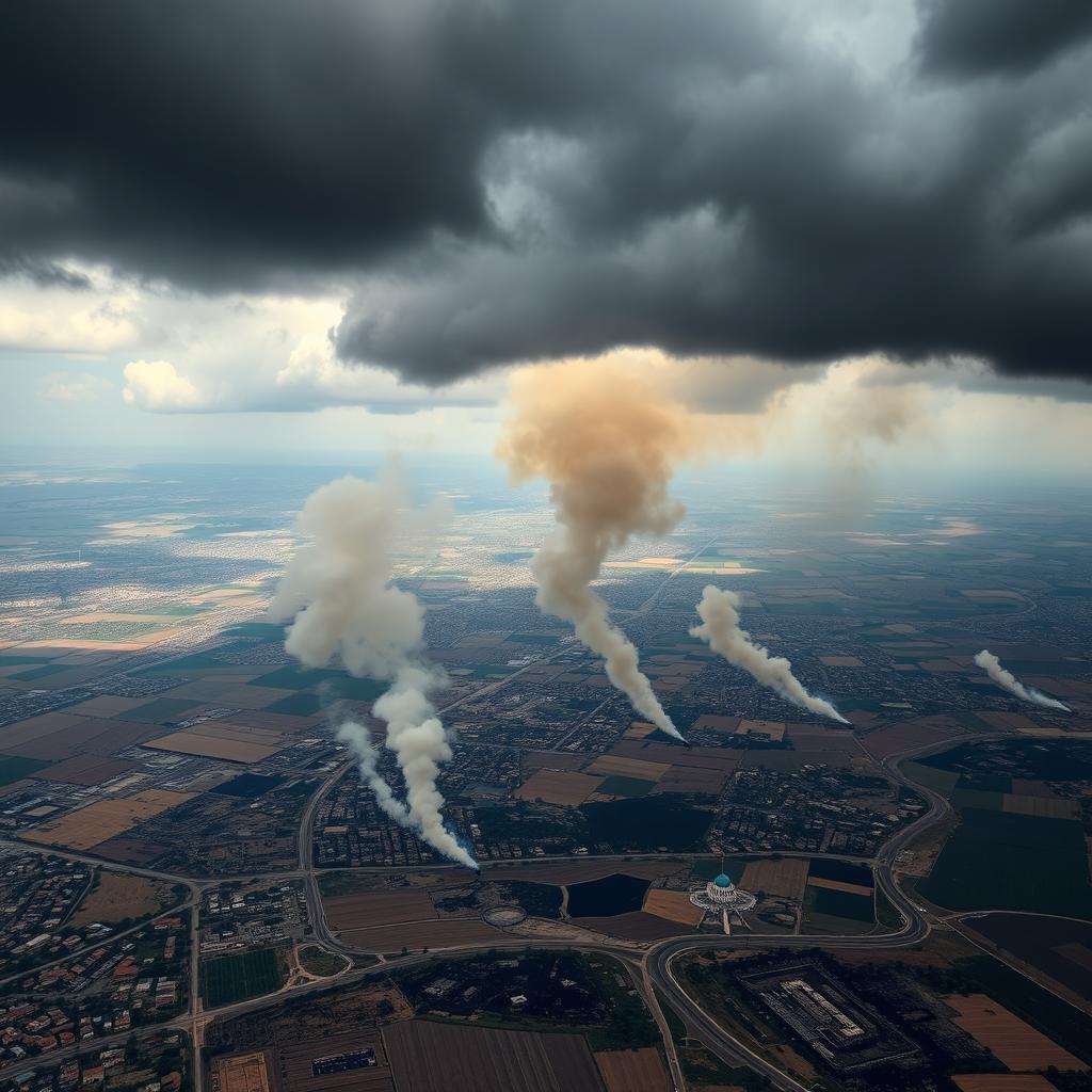 A stunning aerial view of the war-torn landscapes of Gaza and Ukraine, showcasing the devastating aftermath of conflict
