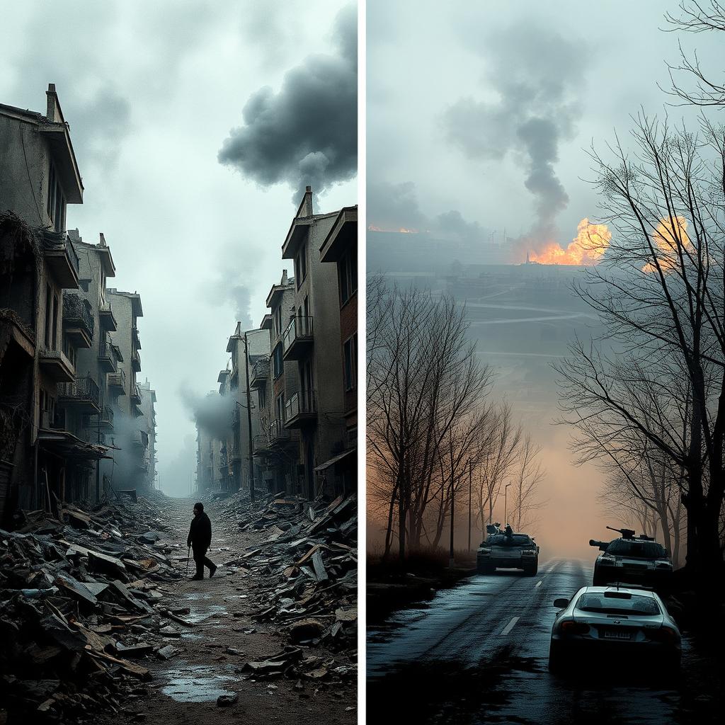 A powerful, evocative scene depicting the devastation of war in both Gaza and Ukraine