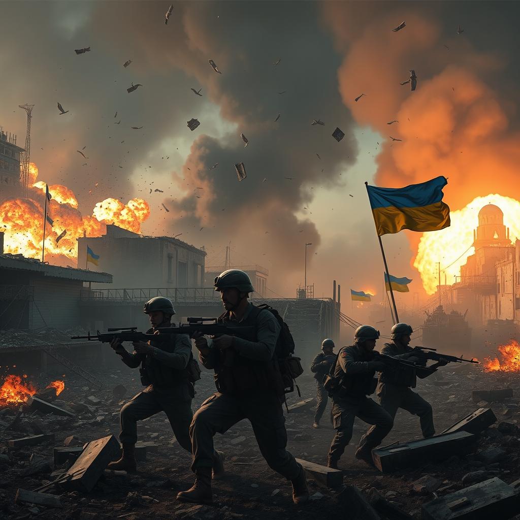 A dramatic scene depicting a battlefield in Gaza and Ukraine, showcasing destruction and chaos as buildings crumble under heavy bombardment