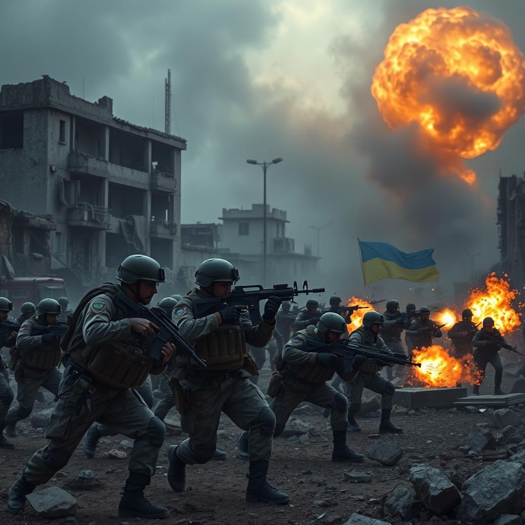 A dramatic battlefield scene depicting intense warfare in Gaza and Ukraine, showcasing soldiers from the Hamas and Ukrainian army bravely engaging in combat against their enemies