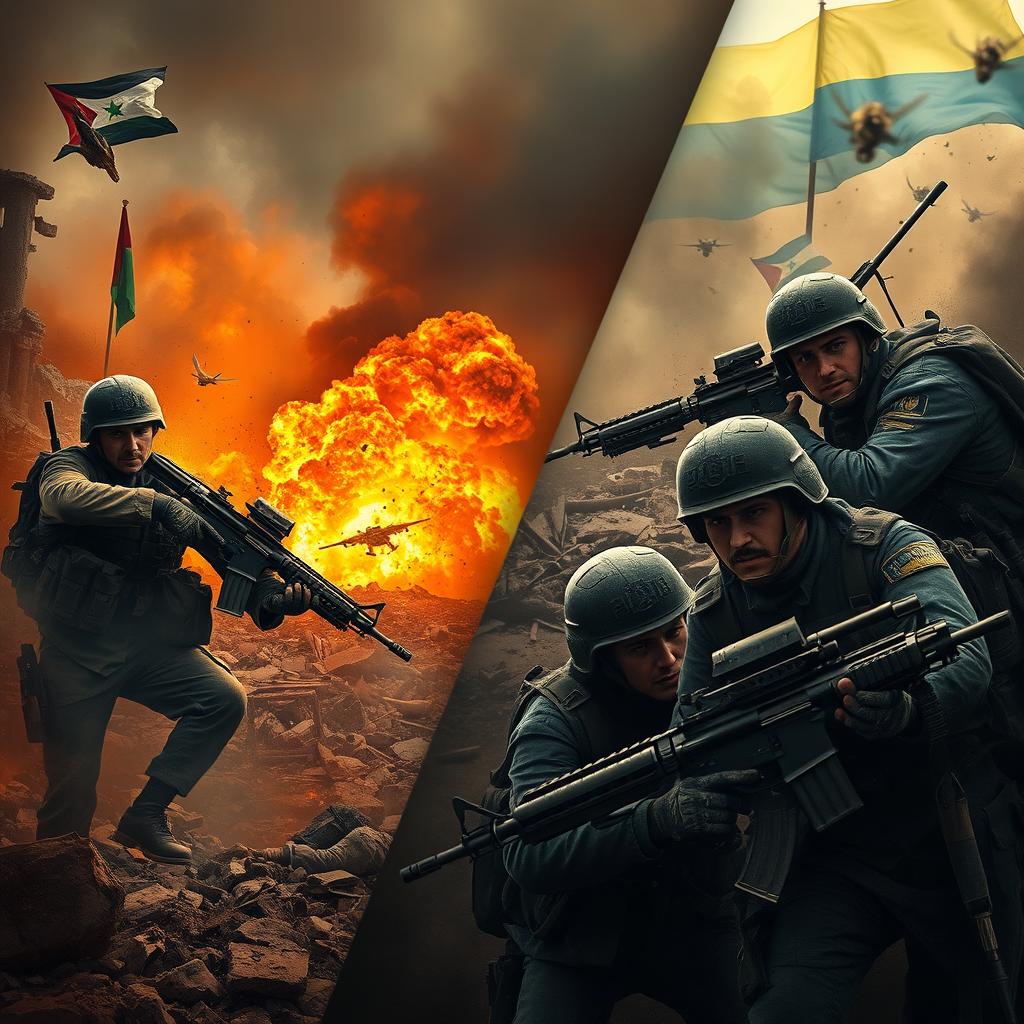A dramatic and intense scene capturing the chaos of war, featuring Hamas soldiers bravely fighting amidst the ruins of Gaza, with smoke and explosions in the background