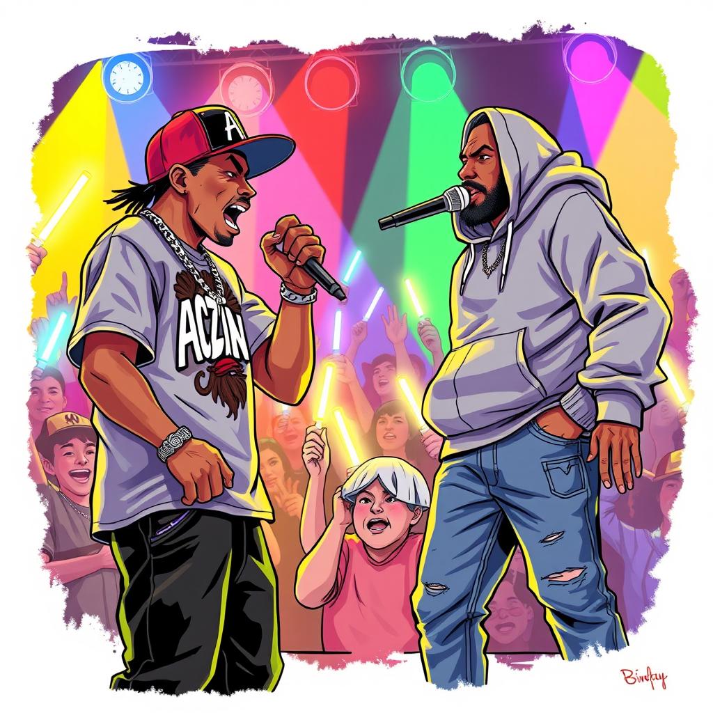 A vibrant and dynamic illustration of a rap battle scene featuring two highly skilled rappers on stage, showcasing the intense rivalry between ACZINO and CHUTY