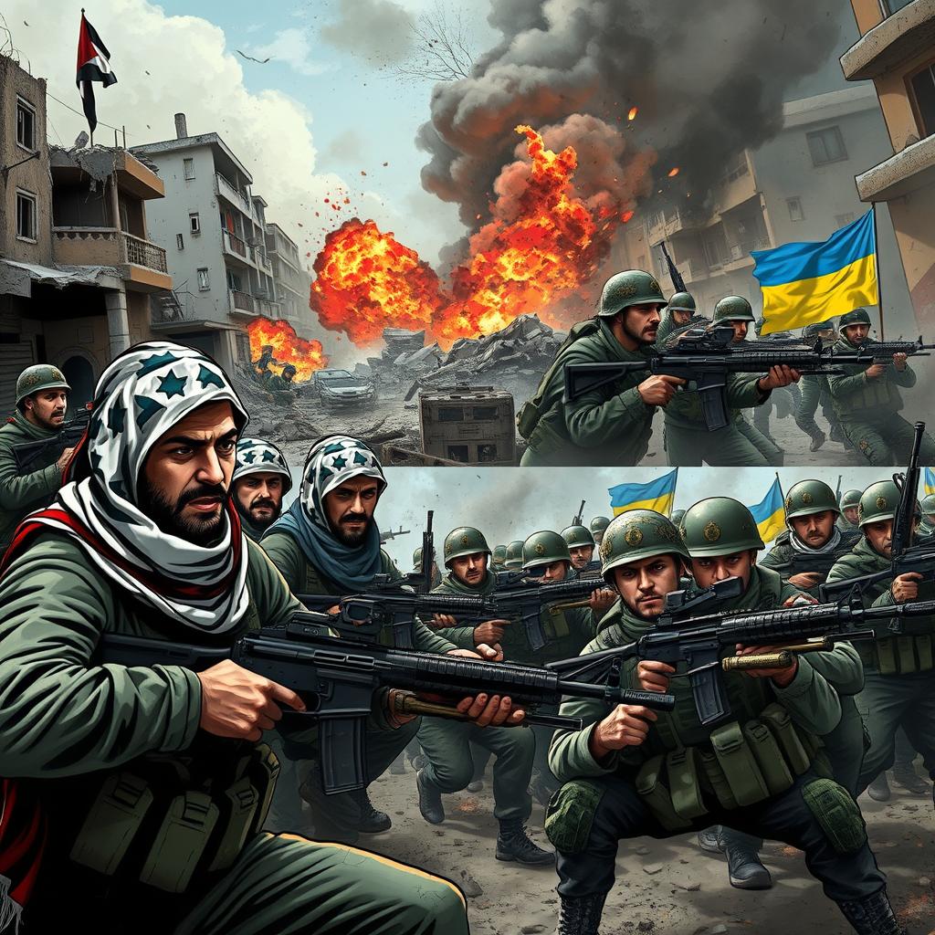 A dramatic and intense scene illustrating Hamas soldiers wearing keffiyehs in an urban Gaza setting during heavy attacks, showcasing their determination and bravery as they fight against their foes