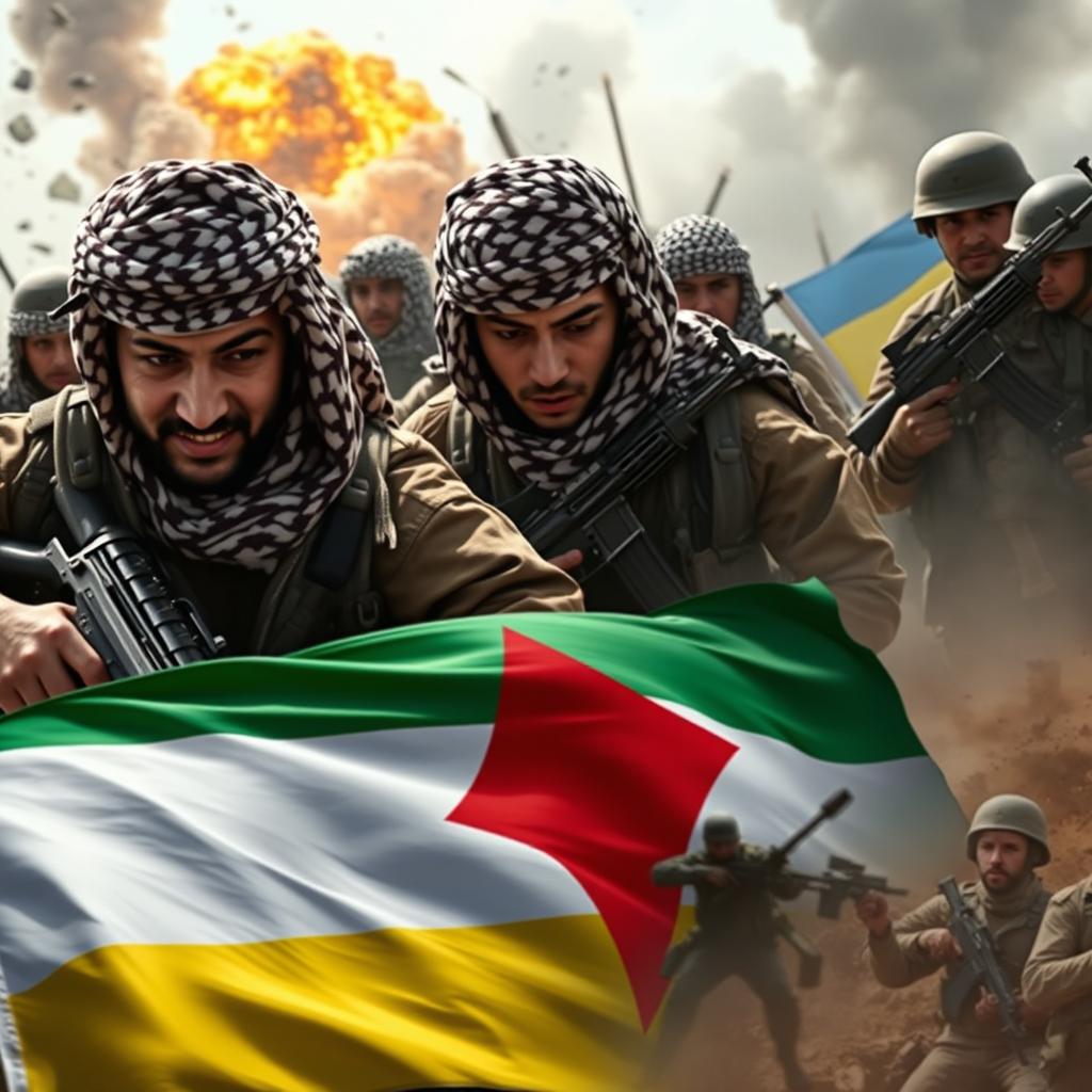 A powerful and gripping scene depicting Hamas soldiers wearing traditional keffiyeh headdresses in a fierce battle, showcasing their determination amidst the chaos of war in Gaza