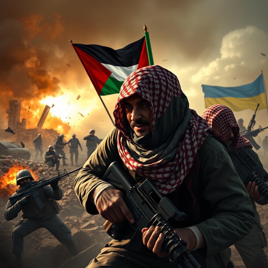 A dramatic and powerful scene depicting Hamas soldiers wearing keffiyehs, engaged in intense battle