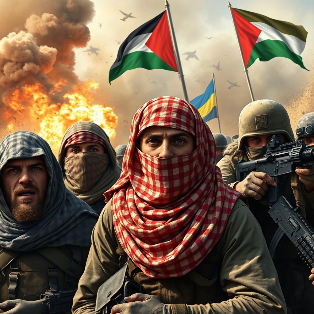 A powerful portrayal of Hamas soldiers wearing keffiyehs, emphasizing their determination in the midst of a chaotic war scene in Gaza