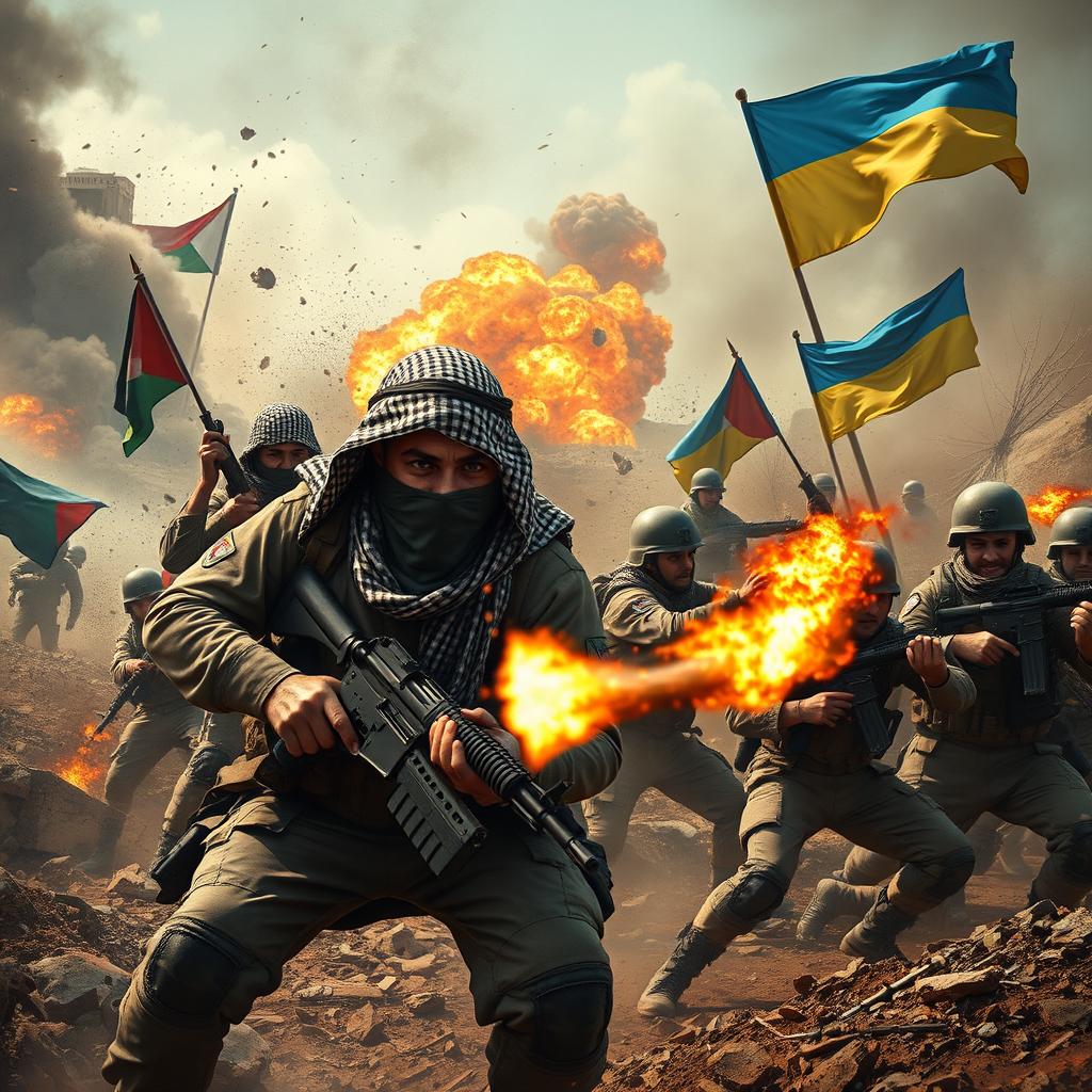 A dramatic and intense scene depicting Hamas soldiers wearing traditional keffiyehs, with their faces fully concealed, engaged in a fierce battle in Gaza, amidst the backdrop of destruction and chaos