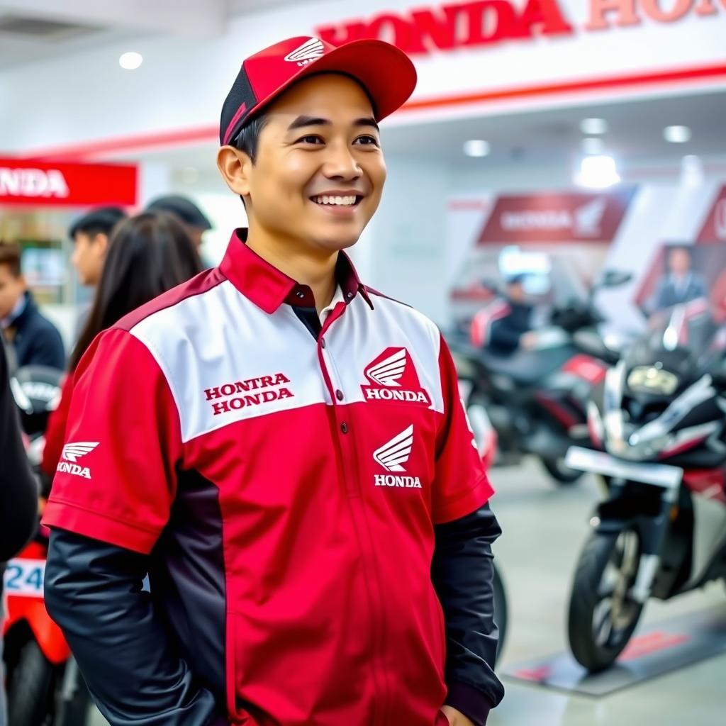 A person standing on the right side wearing an Astra Honda uniform, featuring the distinctive colors and logos associated with the brand, including a red and white color scheme