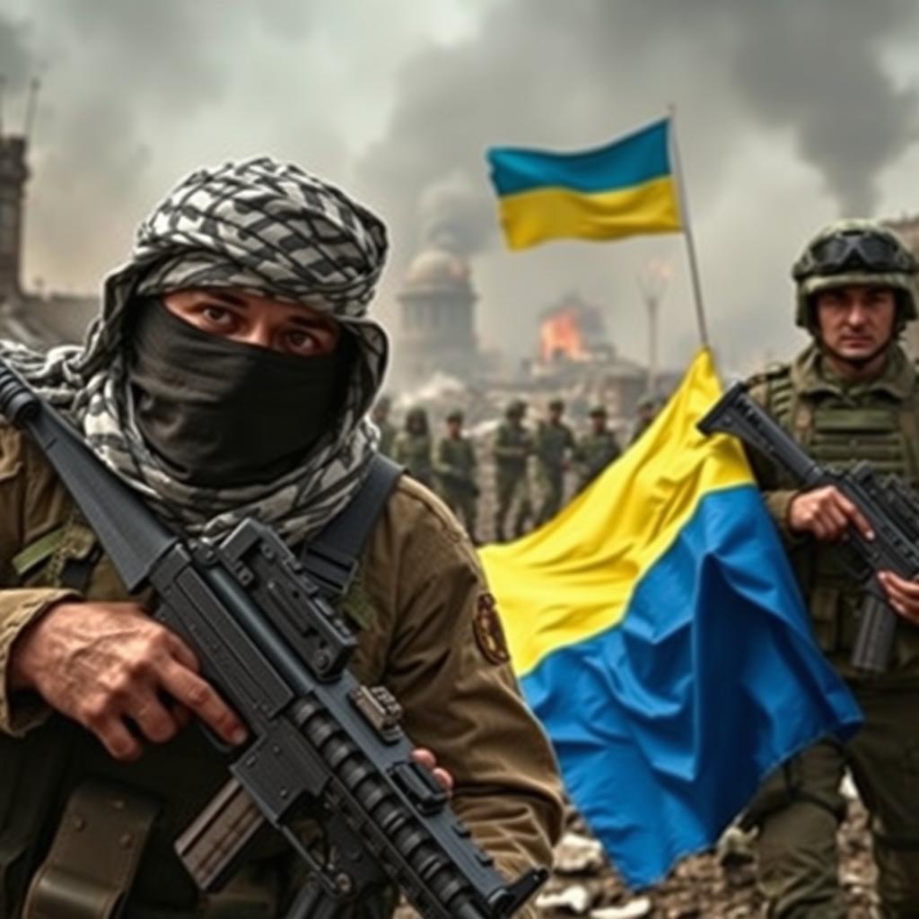 A dramatic scene depicting Hamas soldiers and Ukrainian soldiers in a war-torn landscape, showcasing the devastating effects of war in both Gaza and Ukraine