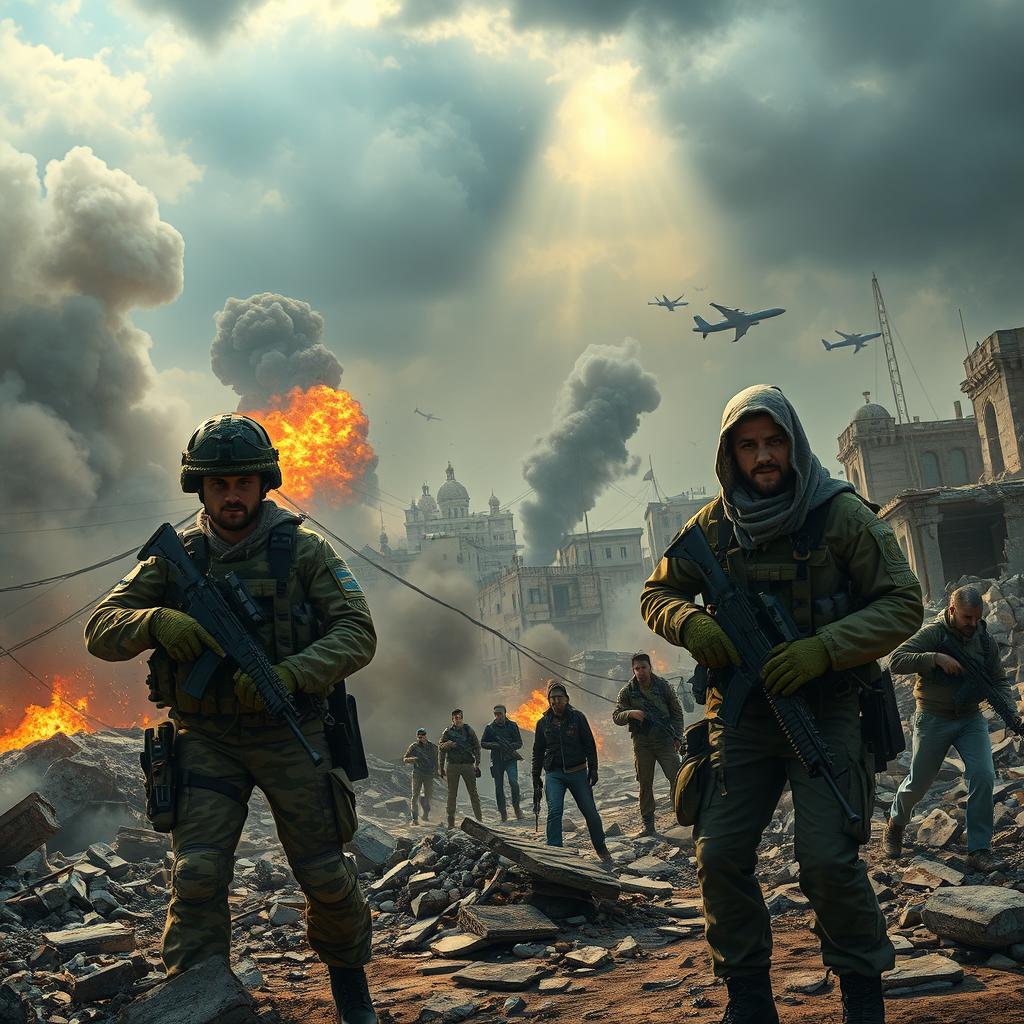 A dramatic and intense scene depicting the struggles in Gaza and Ukraine amidst heavy attacks