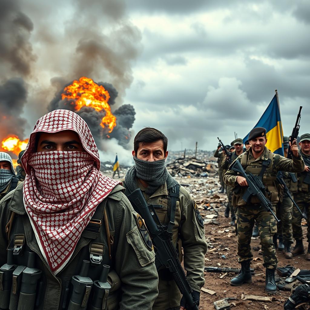 A powerful and poignant scene depicting the ongoing struggles in Gaza and Ukraine during a deadly war