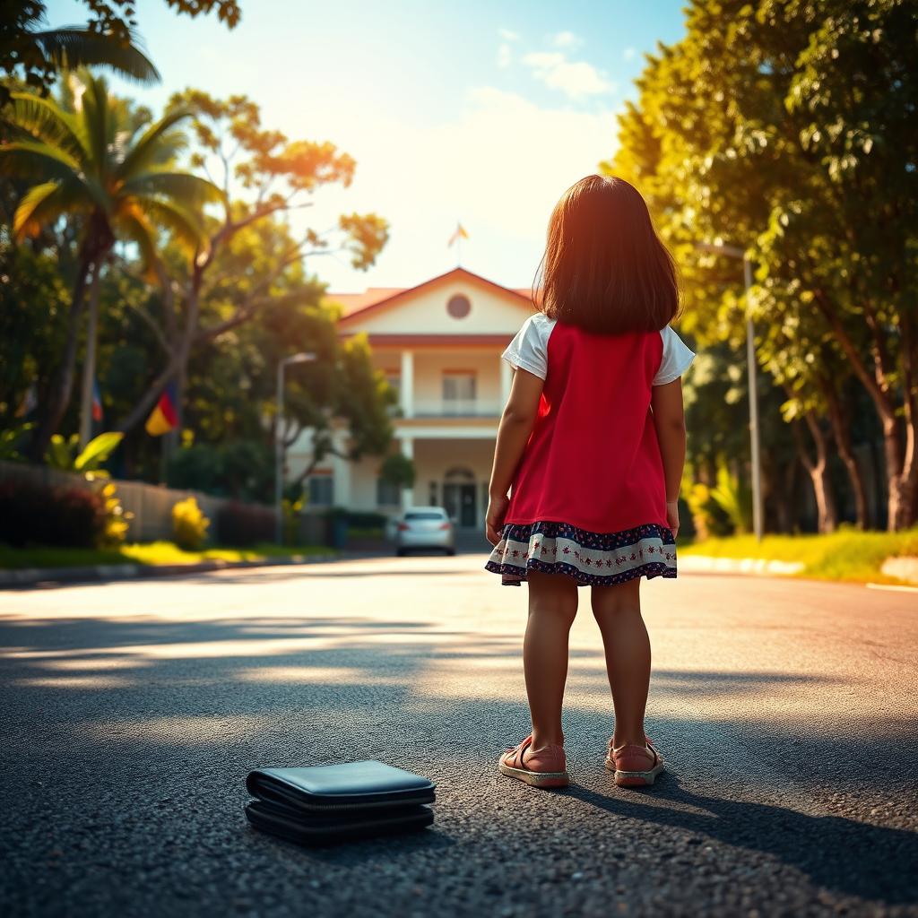 A girl standing on a road in the Philippines, her face is not visible, as she gazes at a distant school building, embodying determination and hope for her dreams of higher education