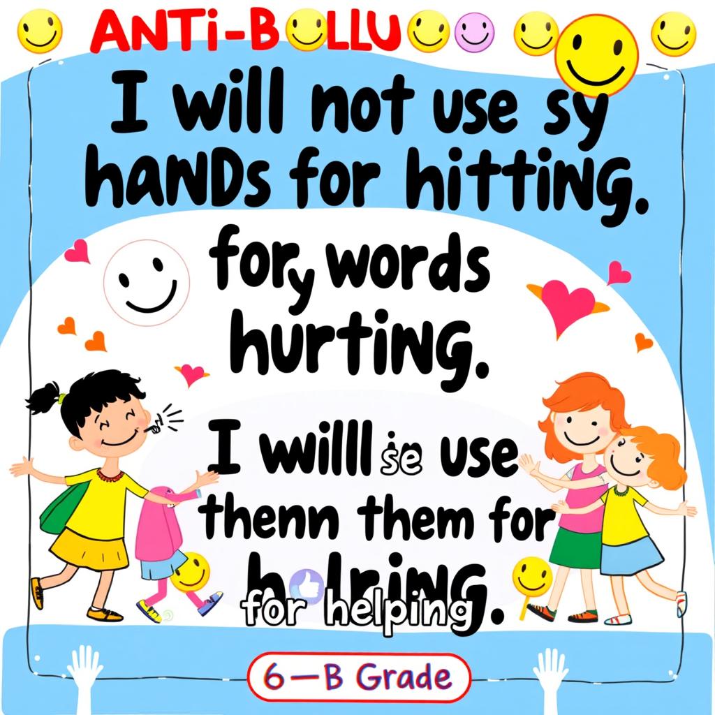 A vibrant and engaging anti-bullying pledge poster designed for a 6th-grade audience