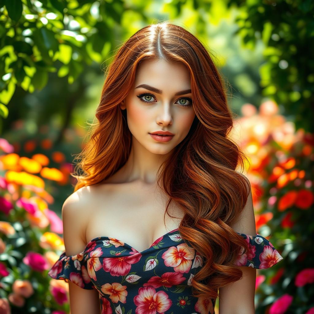 A stunning portrait of a woman with long, flowing auburn hair styled in elegant waves