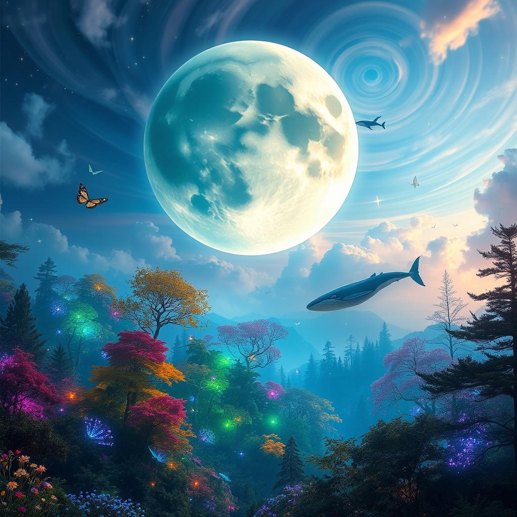 A surreal landscape featuring a gigantic, floating moon that casts a vibrant light over an enchanted forest