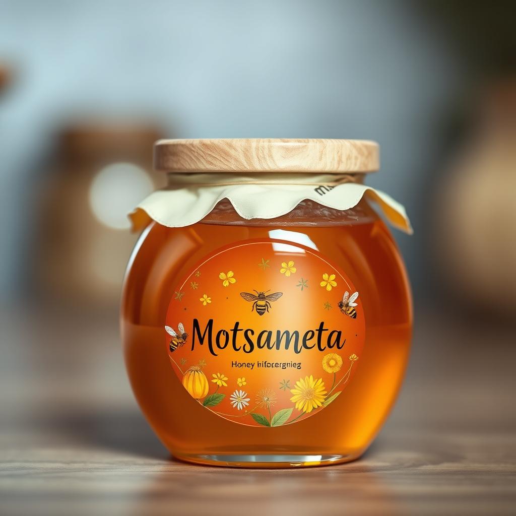 A beautifully designed round honey jar that features the brand name 'Motsameta' prominently