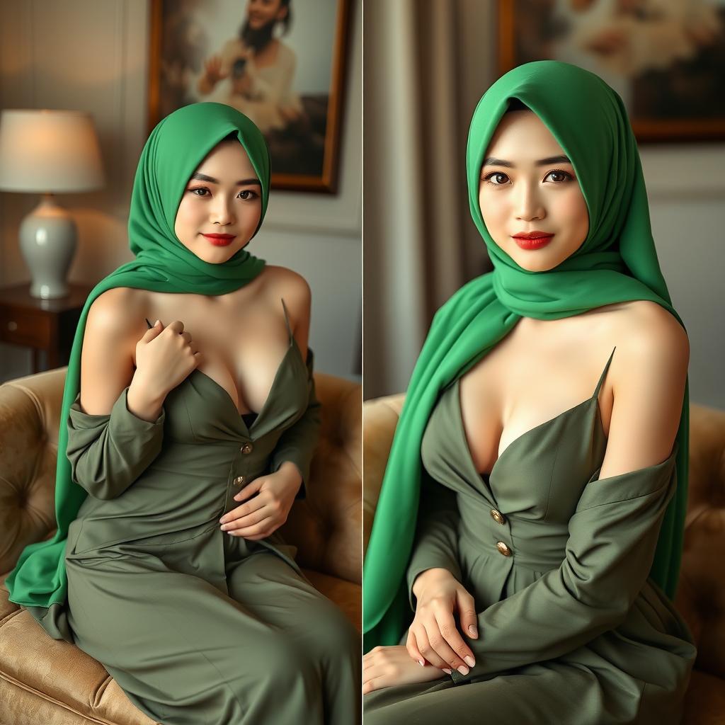 A beautiful 20-year-old Indonesian girl with Chinese features and white skin, gracefully wearing a vibrant green hijab