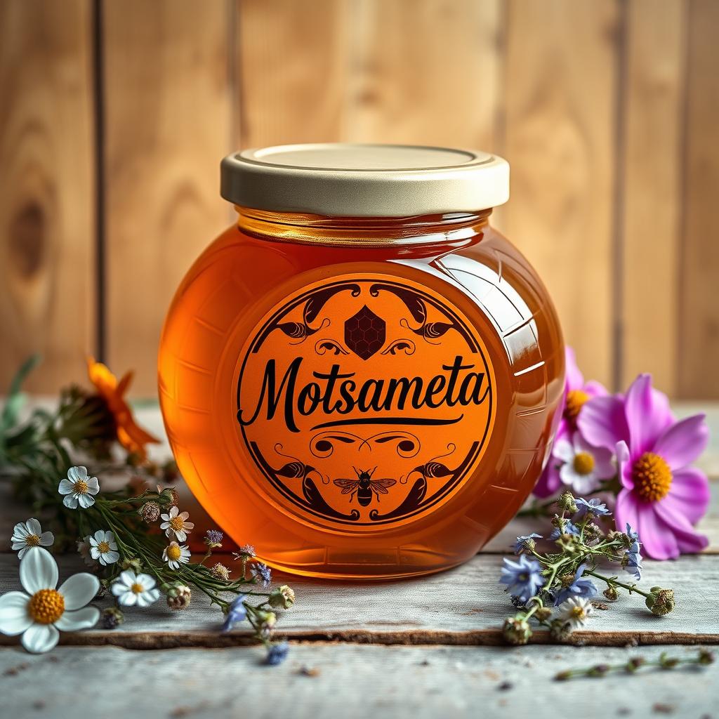 A beautifully designed round honey jar featuring elegant curves and a smooth glass surface
