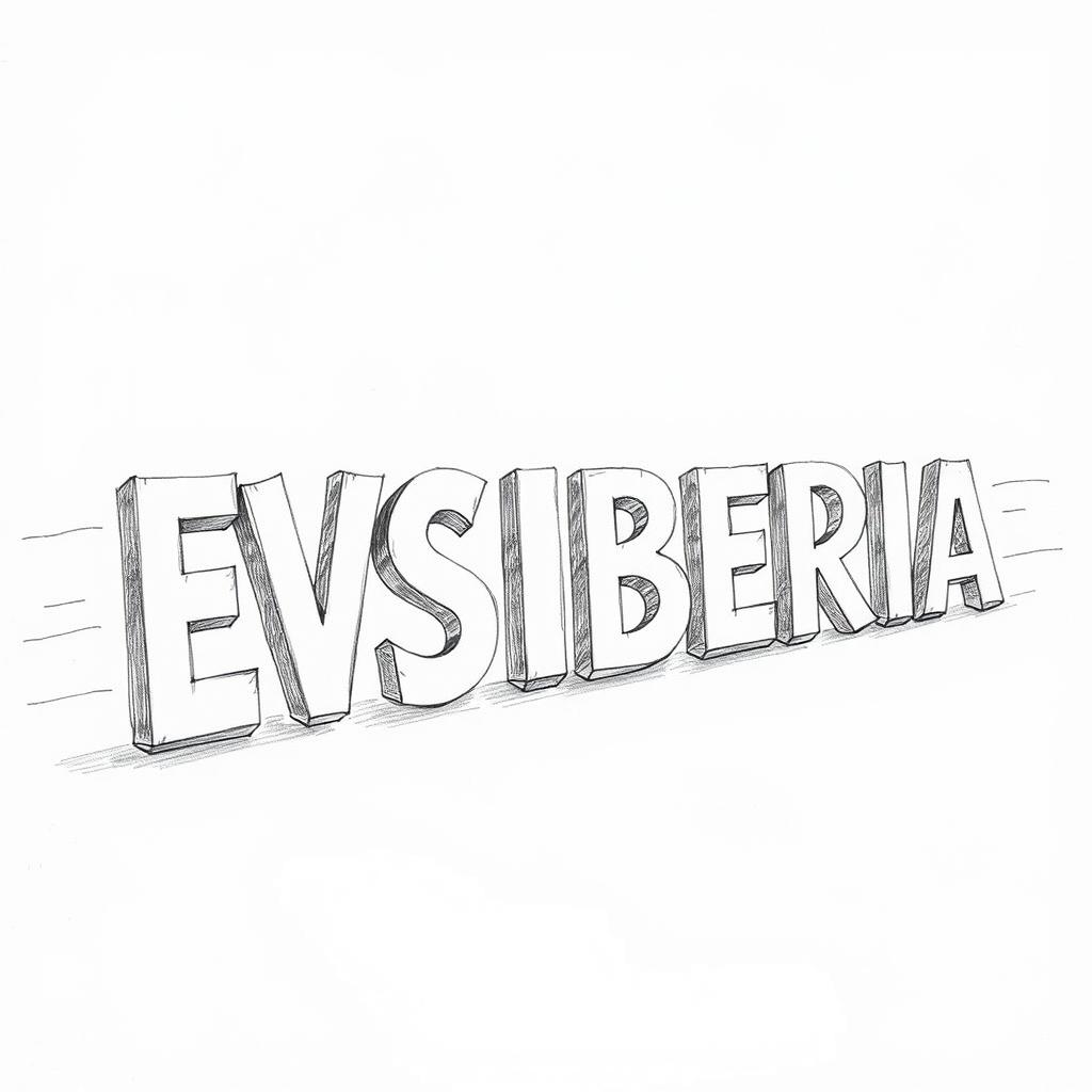 A simple pencil sketch of the word 'EVSIBERIA' written in a dynamic and artistic font, showcasing perspective