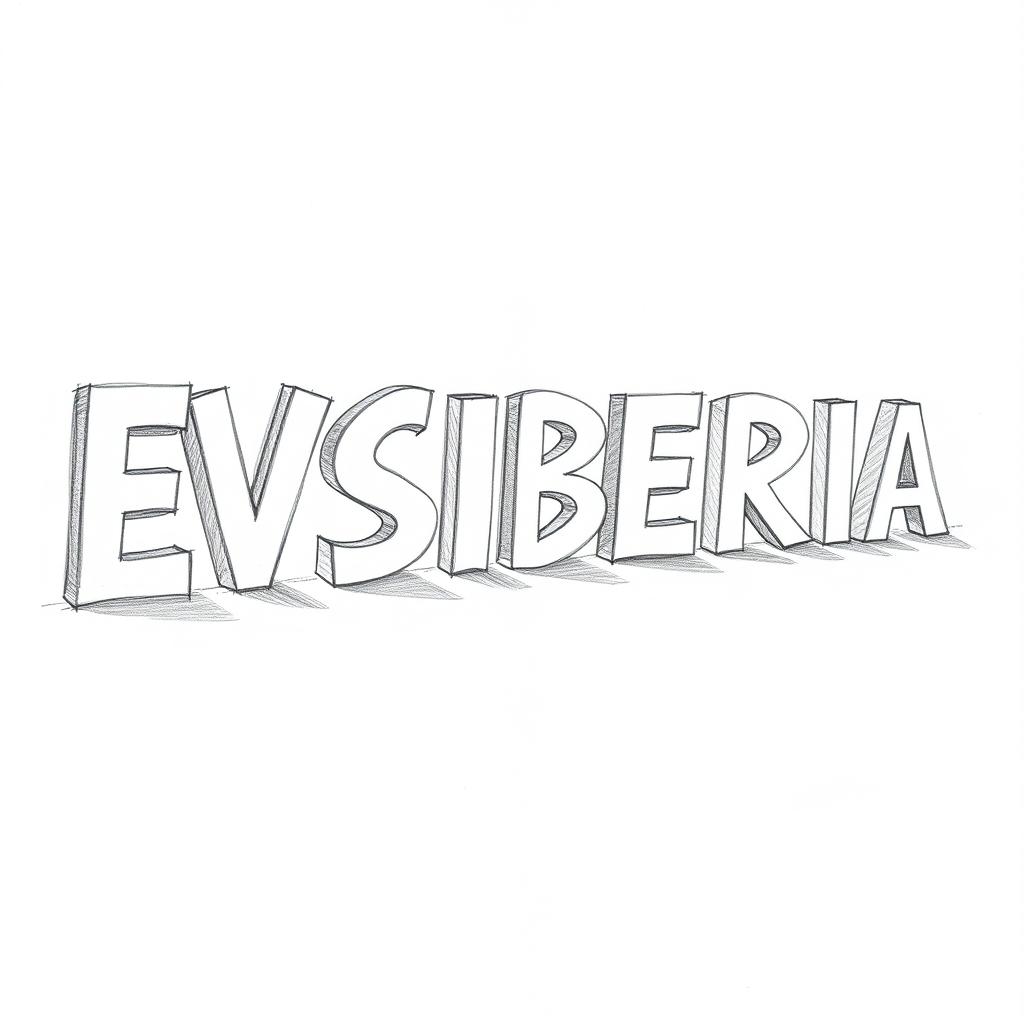 A simple pencil sketch of the word 'EVSIBERIA' written in a dynamic and artistic font, showcasing perspective