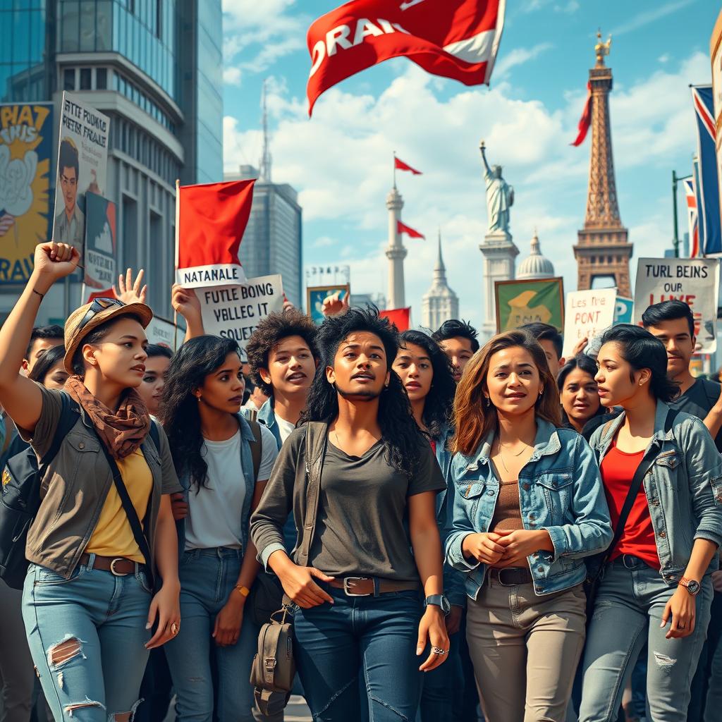 A vibrant scene depicting young activists preparing for a national revolution