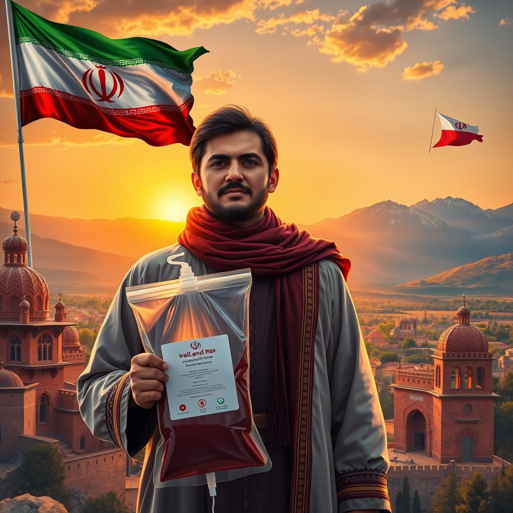 A powerful and emotional scene depicting a person in traditional Persian attire, standing with determination while holding a blood donation bag