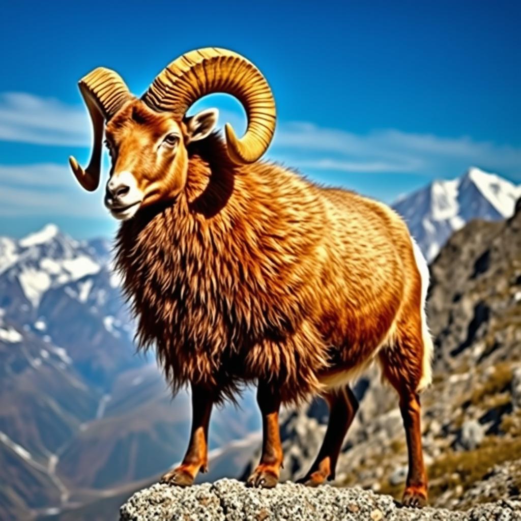A majestic and powerful ram standing on a rocky mountain edge, its thick woolly fur catching the sunlight, showcasing rich shades of brown and white