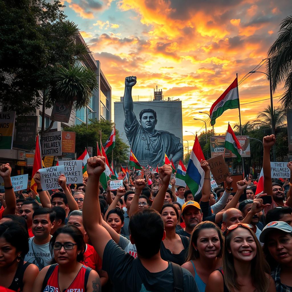 A powerful protest scene capturing the spirit of resistance against a dictatorship