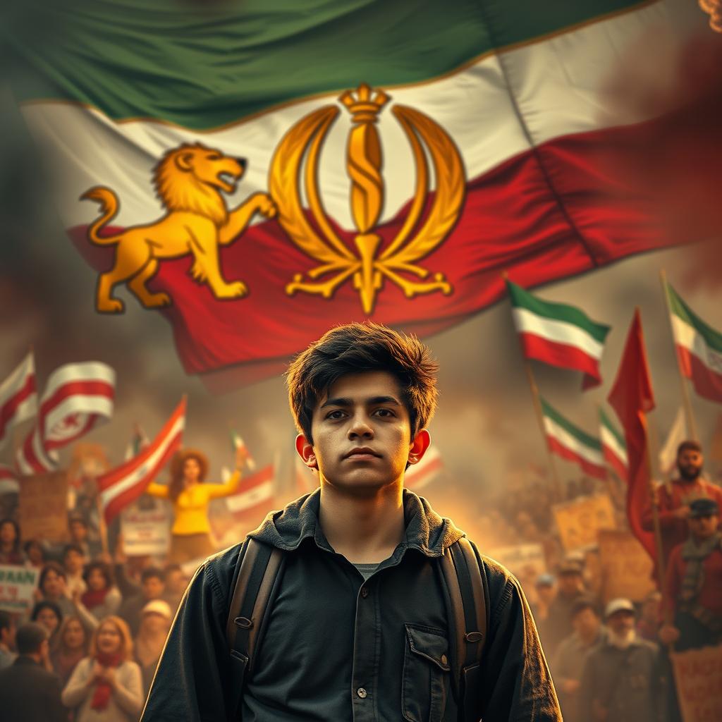 A dramatic and thought-provoking scene depicting a young activist standing in front of a large mural featuring symbols of the Iranian monarchy, such as the golden lion and sun emblem