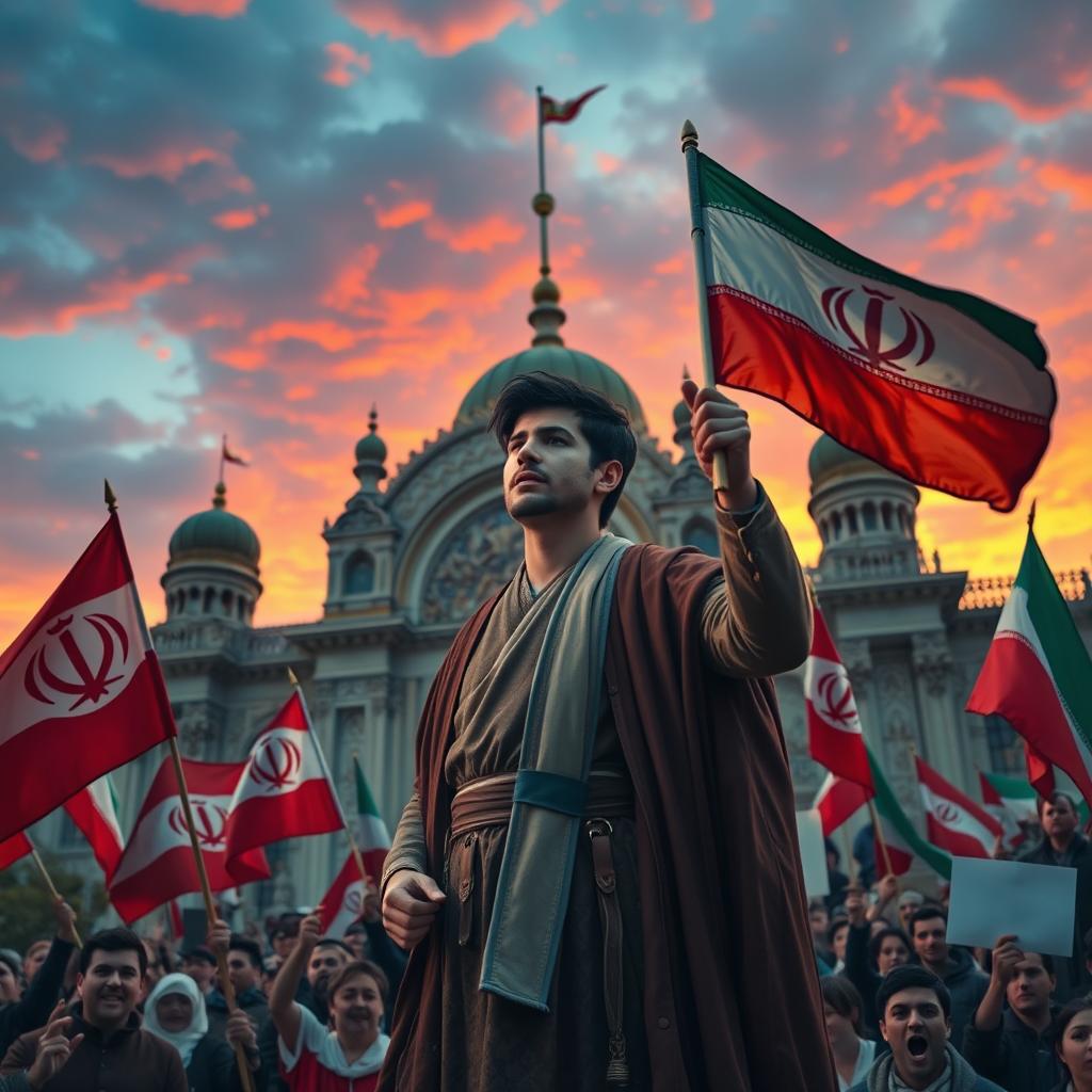 A dramatic scene depicting a young Iranian leader, standing determinedly in historical Iranian attire, addressing a group of passionate supporters holding flags with a royal crest