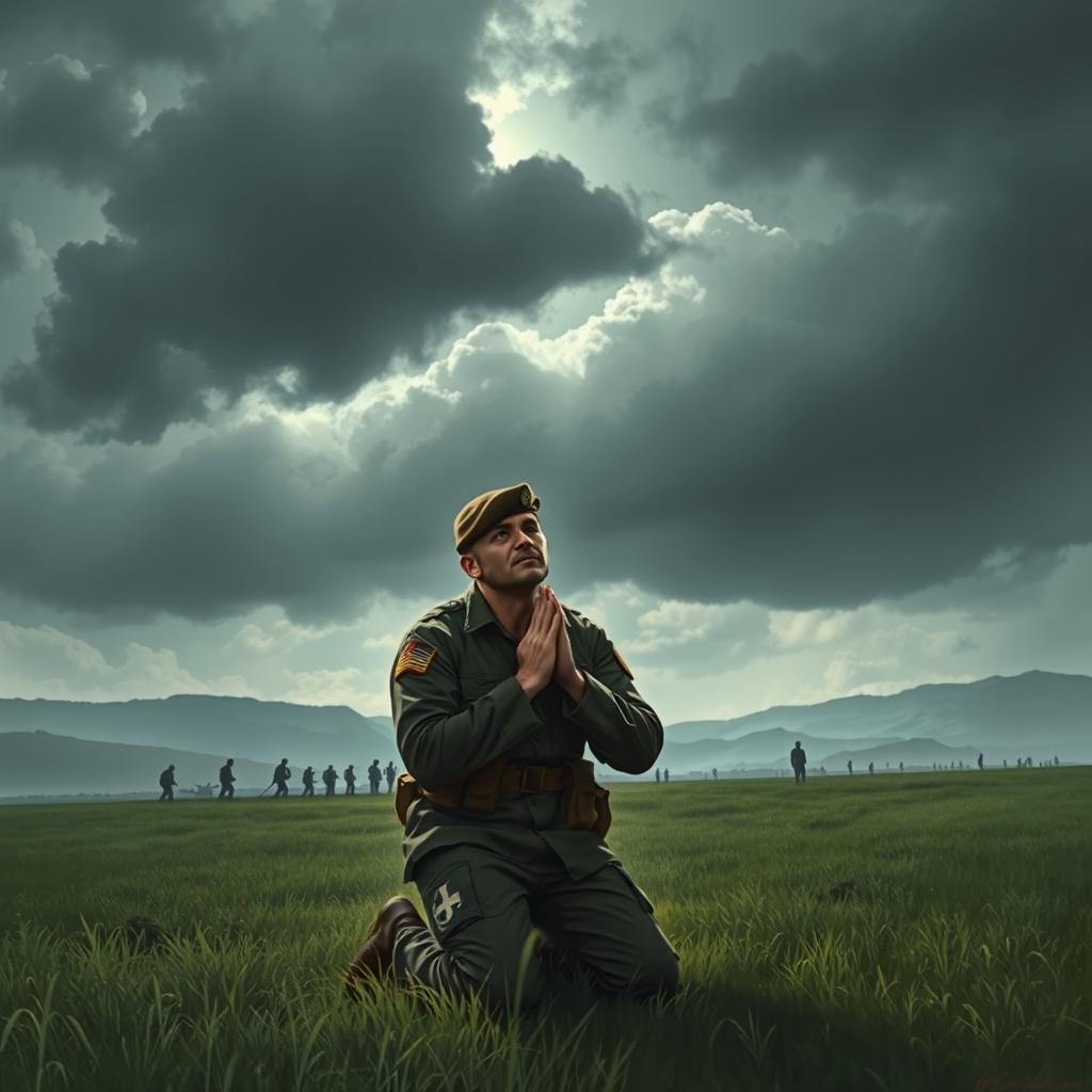 A powerful scene depicting a soldier in a dramatic, heartfelt moment, kneeling in a field under a cloudy sky, hands clasped in prayer, with intense emotions reflecting sacrifice and patriotism in their eyes