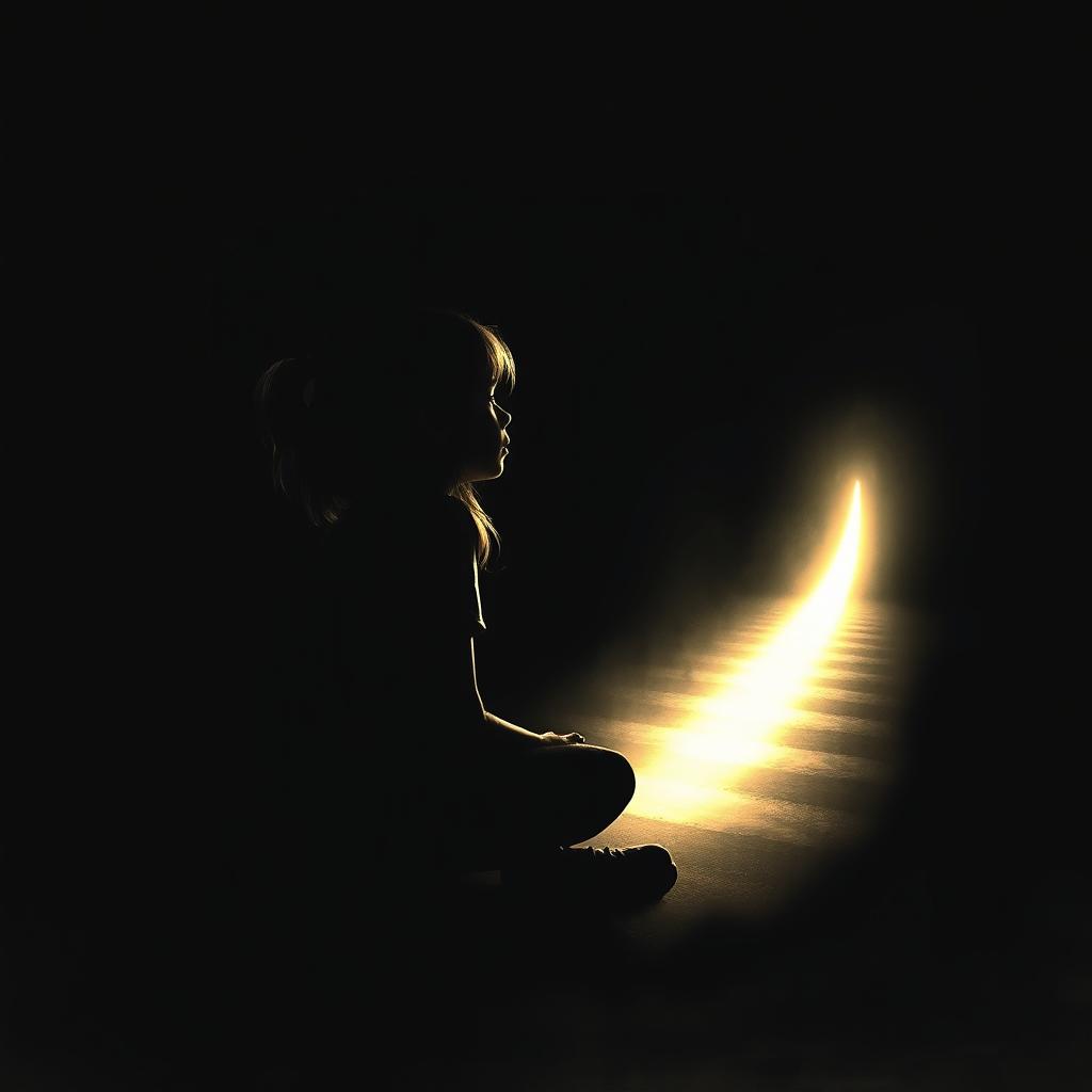 A young girl sitting in deep darkness, looking ahead with hope as she sees a bright, glowing path illuminated in the distance