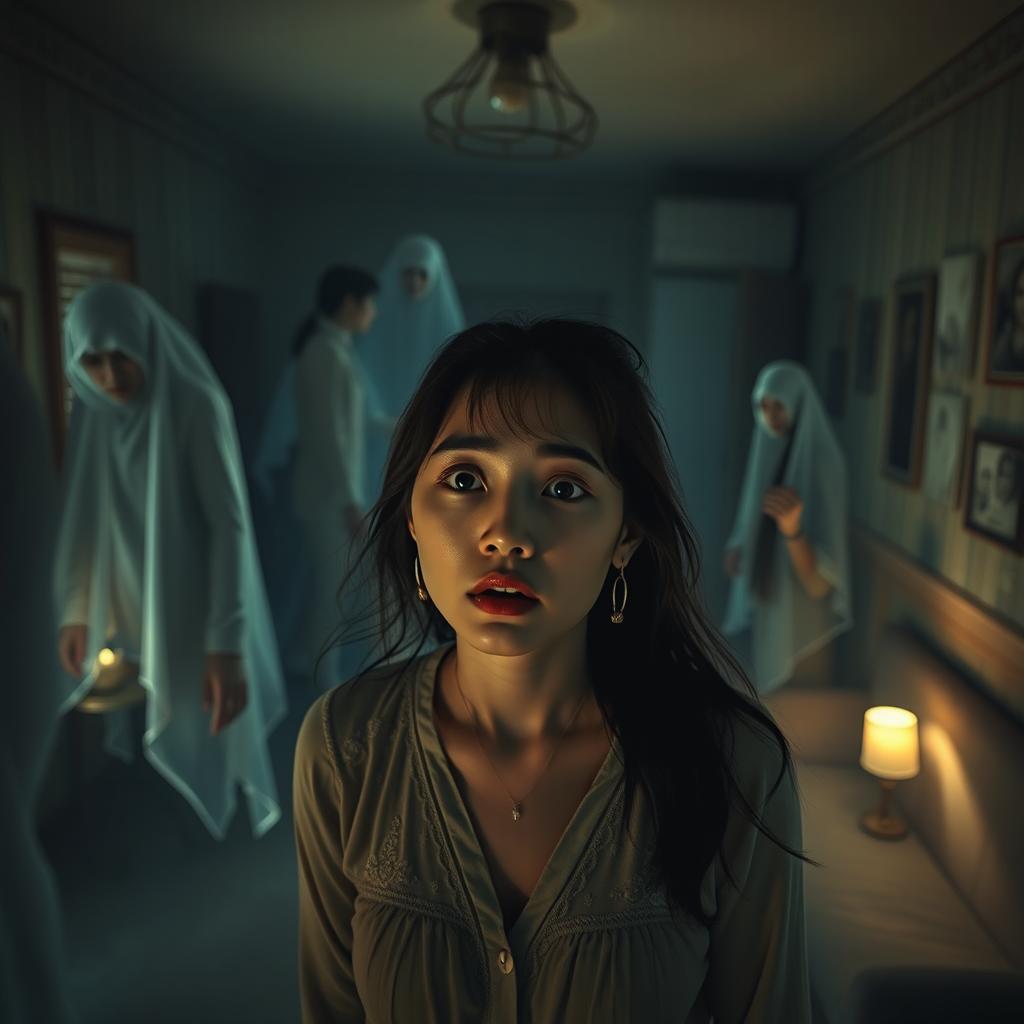 A haunting scene set in an abandoned hotel, showcasing a group of volunteers gathered in a dimly lit room, nervous and tense as they prepare for a psychological experiment