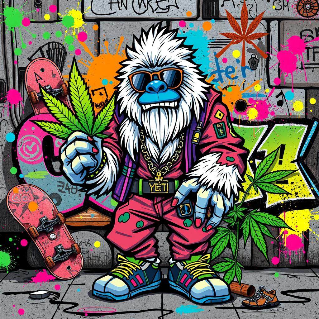 A vibrant and eye-catching street-style wallpaper design for a weed shop featuring a stylish Yeti as the central character