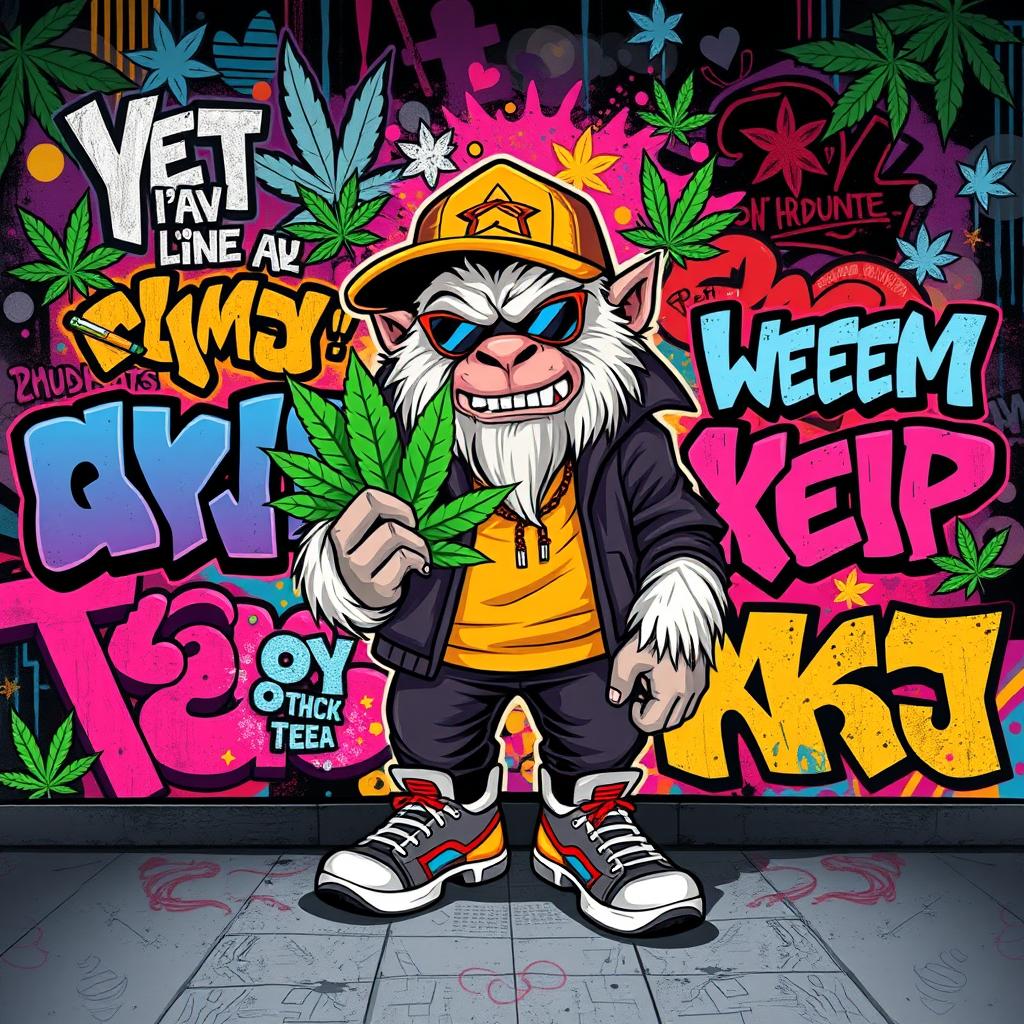 A dynamic and colorful street-style wallpaper design for a weed shop, prominently featuring a cool Yeti character as the centerpiece
