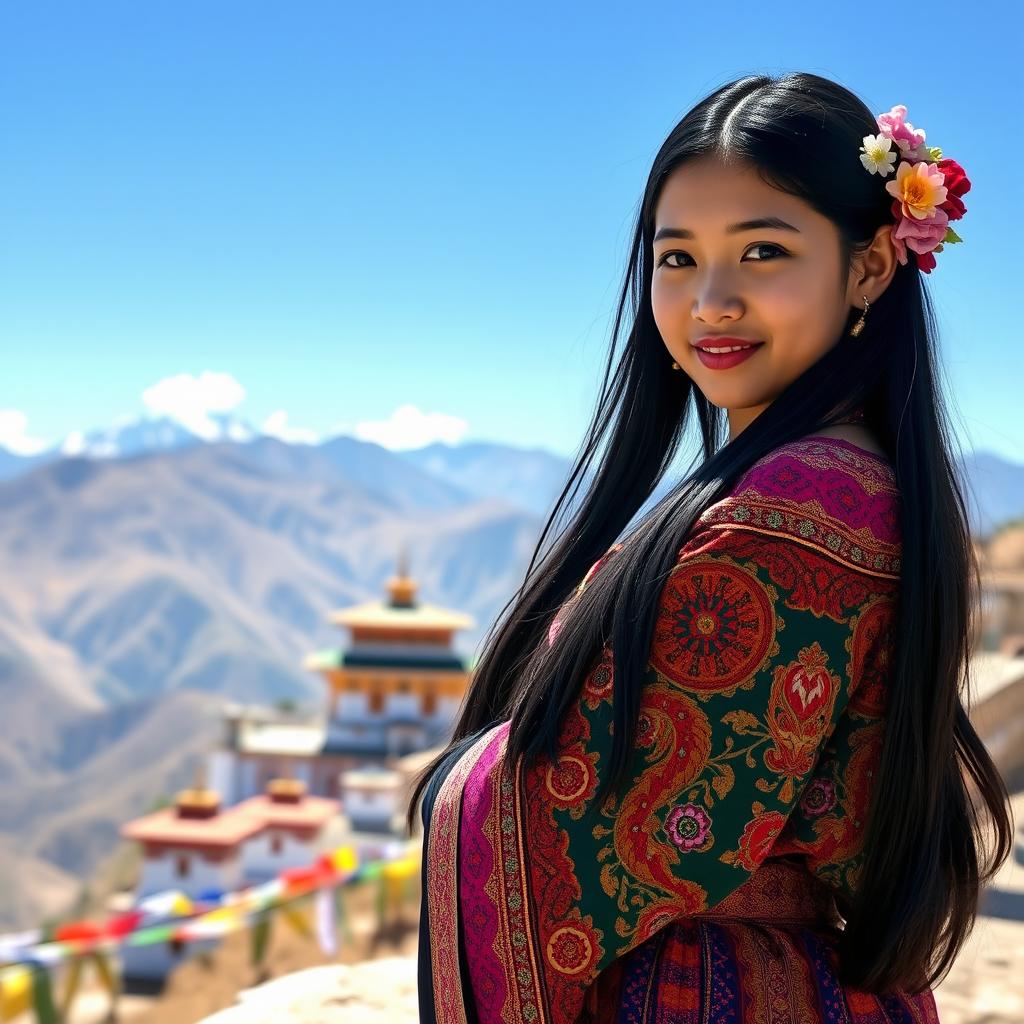 A beautiful Bhutanese girl dressed in traditional attire, showcasing the intricate patterns and vibrant colors of her garment