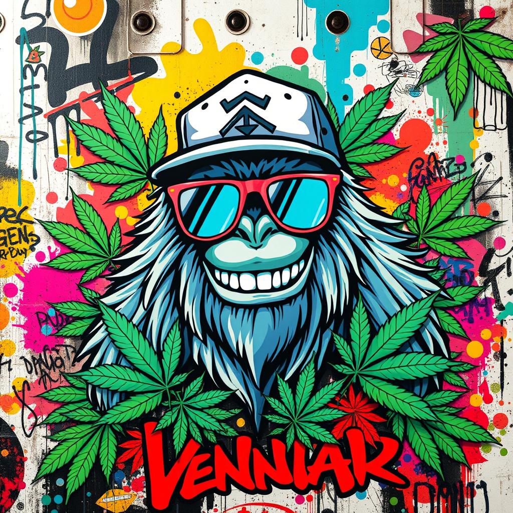 A vibrant, graffiti-style wallpaper design featuring a cool, stylized Yeti character surrounded by colorful cannabis leaves and street art elements
